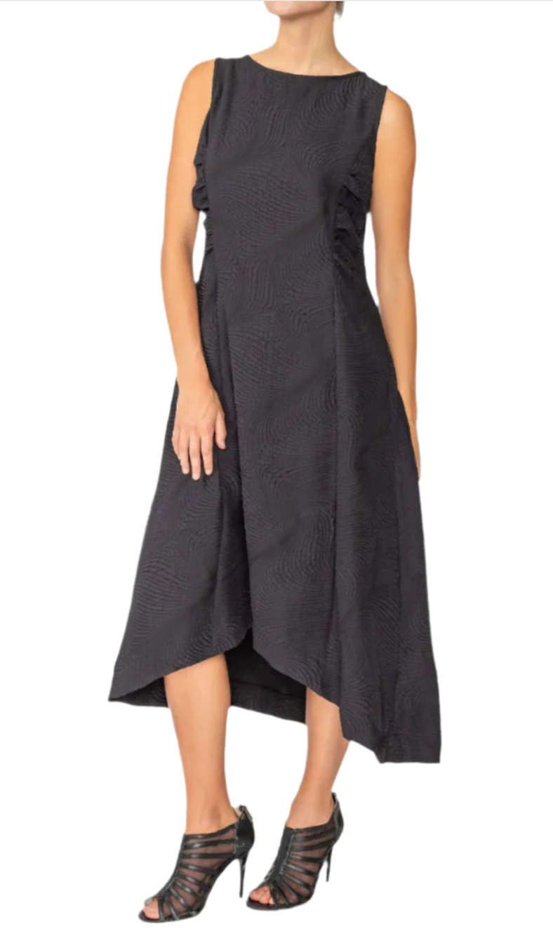 IC Collection Black Textured Fit Flare Midi Dress XL Side Ruche Hanky Hem NWT